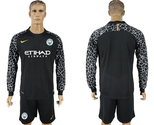 Manchester City Blank Black Goalkeeper Long Sleeves Soccer Club Jersey - Click Image to Close